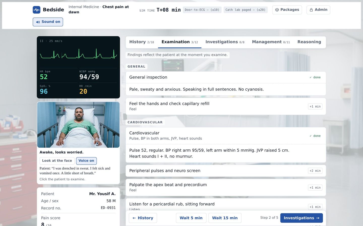 The Bedside case screen with the monitor, video patient and examination tab