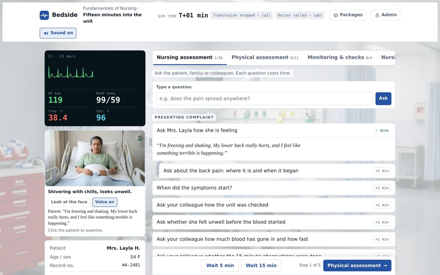 Nursing case with a video patient, assessment and escalation options