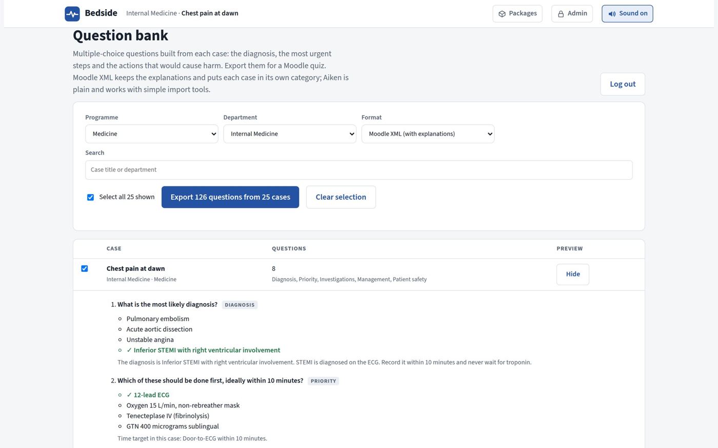 Question bank preview with export options for Moodle