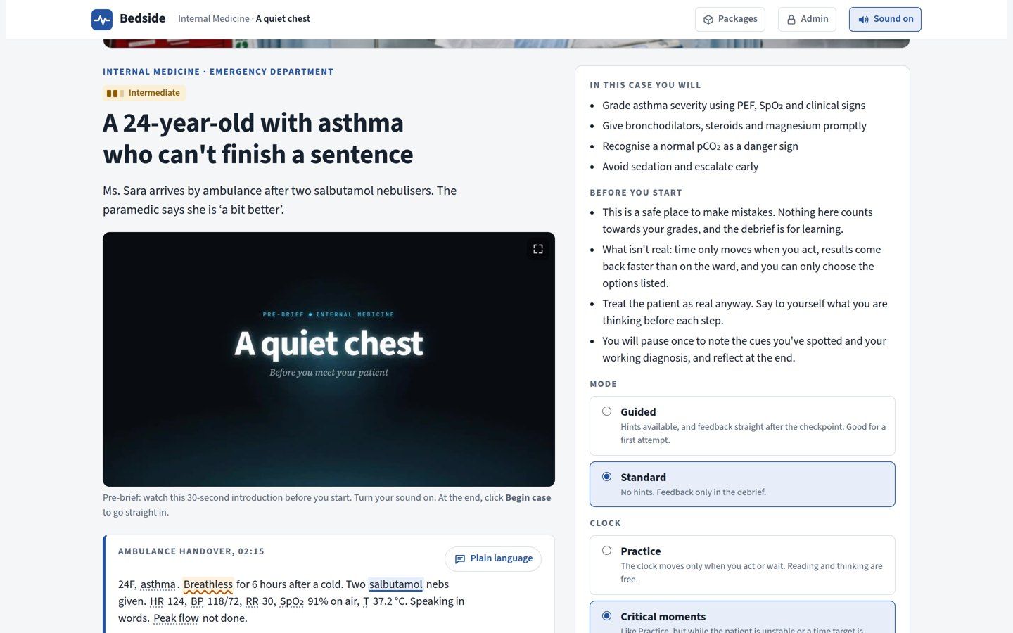 The Bedside case page with the pre-brief video