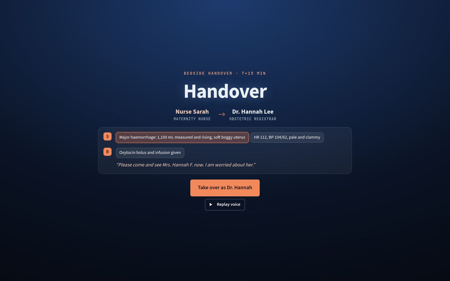 A virtual nurse giving her handover aloud, with the current line highlighted