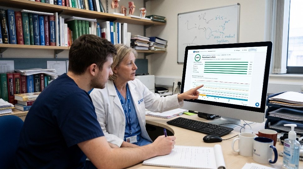 A faculty member and a student reviewing a Bedside debrief on a desktop monitor