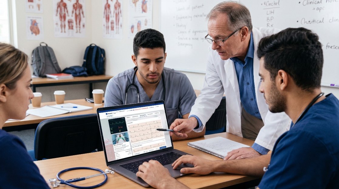 A tutor pointing at a 12-lead ECG on a laptop for three students