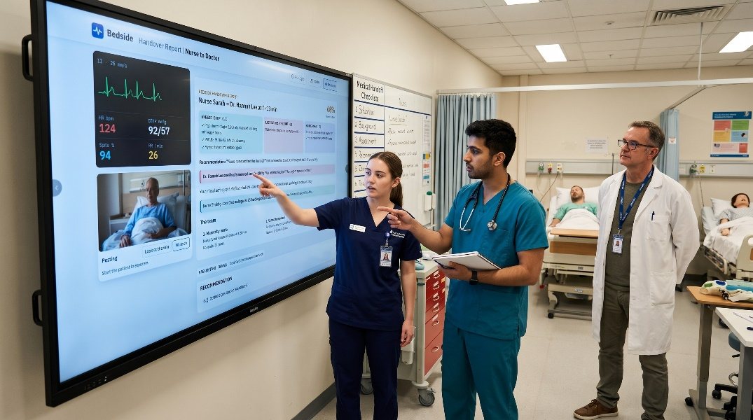 A nursing student and a medical student presenting a Bedside Handover case on a large screen in a skills lab, with a tutor watching