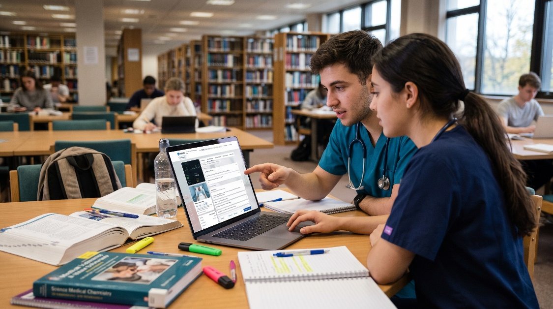 Two students in scrubs working through a Bedside case on a laptop in a library