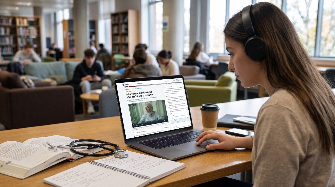 A student with headphones watching a Bedside pre-brief on a laptop in a library