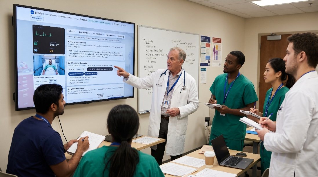A professor at a large screen showing the Bedside reasoning page to a group